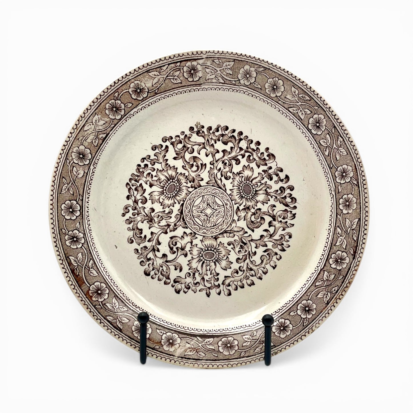 Brown transferware ceramic plate