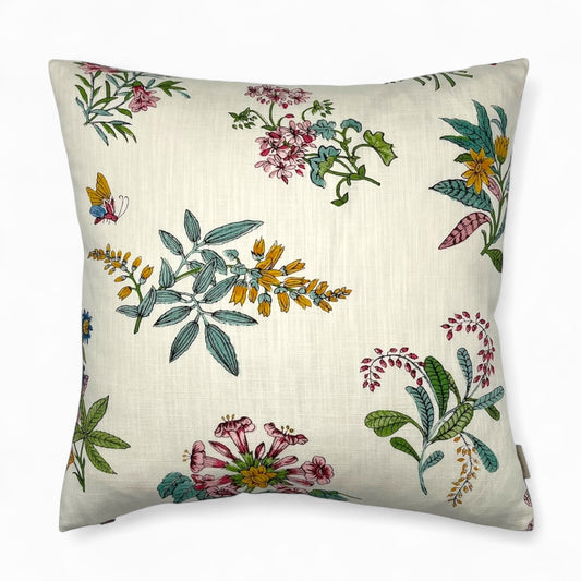 Pillow in woodland floral fabric by HARLEQUIN for Sophie Robinson