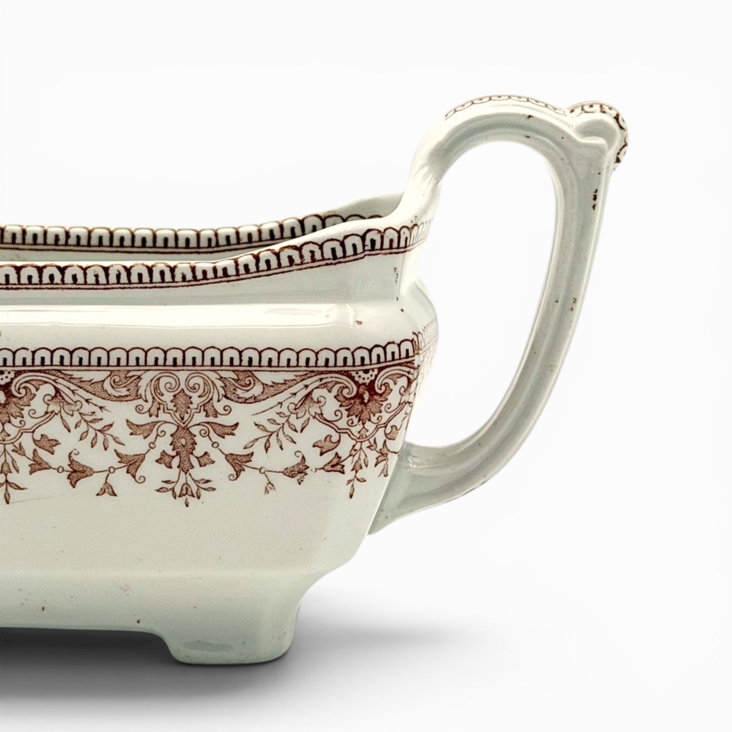 Antique brown transferware porcelains gravy boat