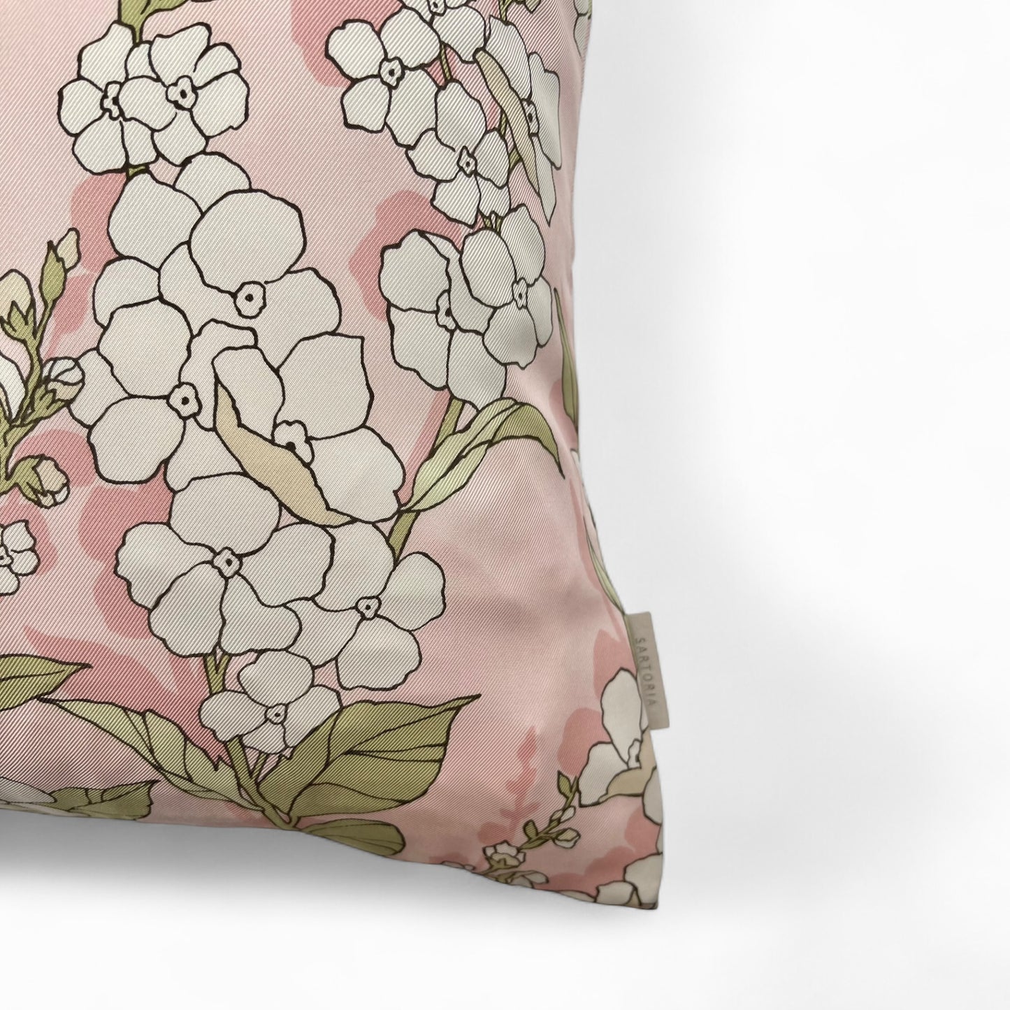 Pillow in vintage 100% Italian Como silk twill “pink flowers branch”