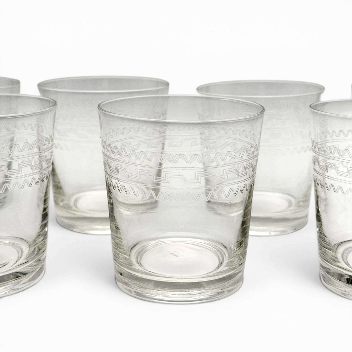Set of seven vintage etched double old fashioned glasses