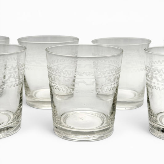 Set of seven vintage etched double old fashioned glasses