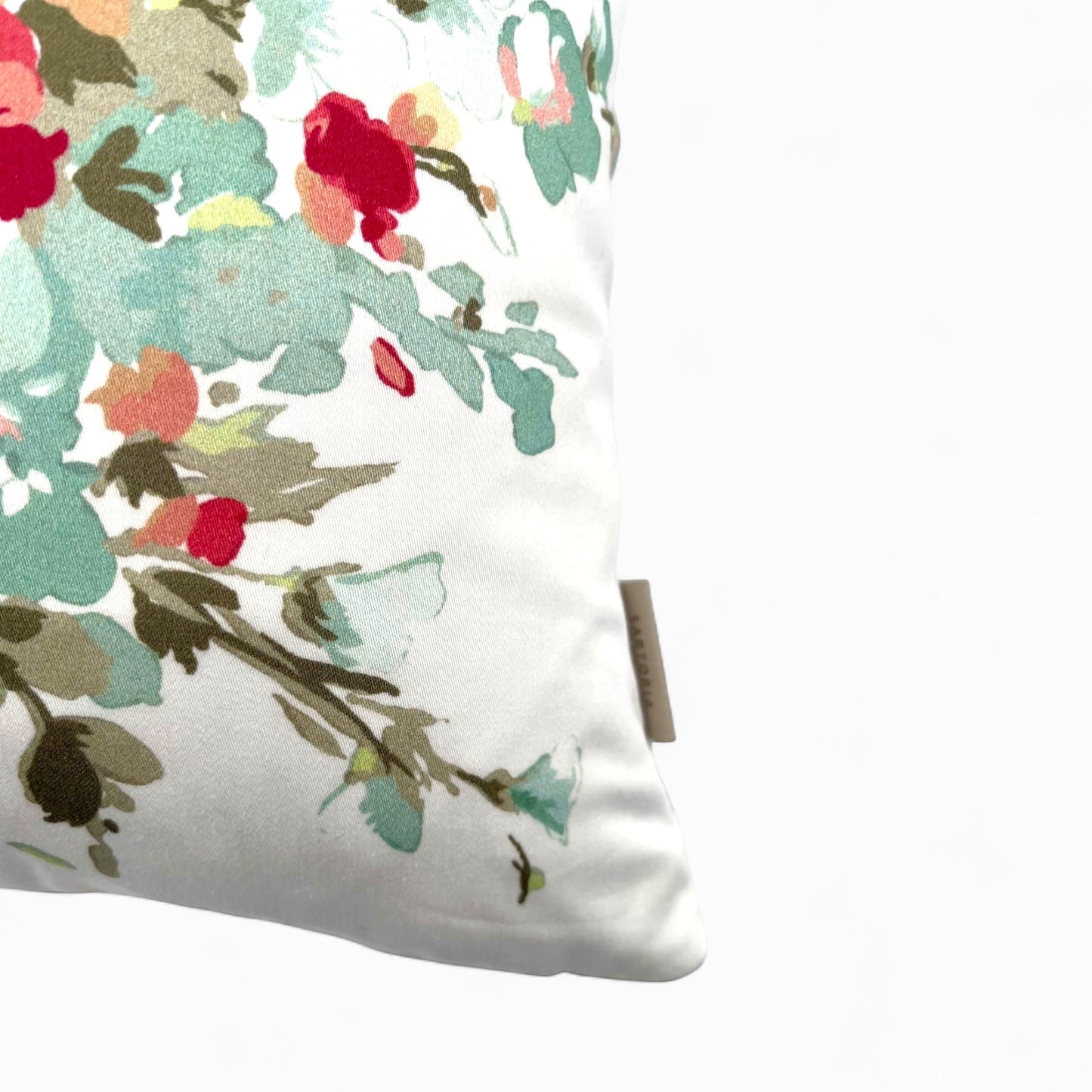 Pillow in Nina Campbell “bouquet in mint” fabric and back in jacquard pattern