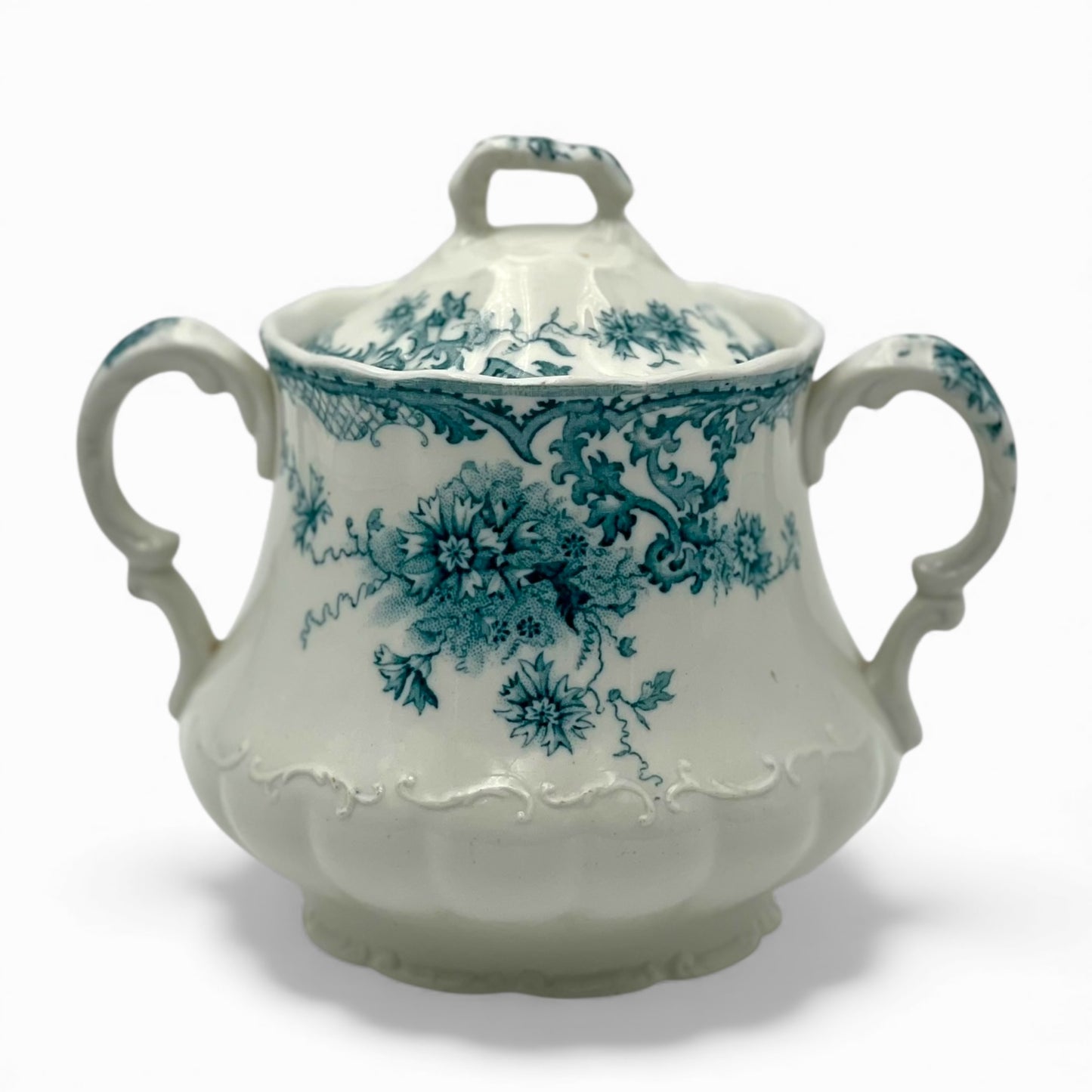Antique ceramic transferware sugar bowl b&w