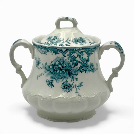 Antique ceramic transferware sugar bowl b&w