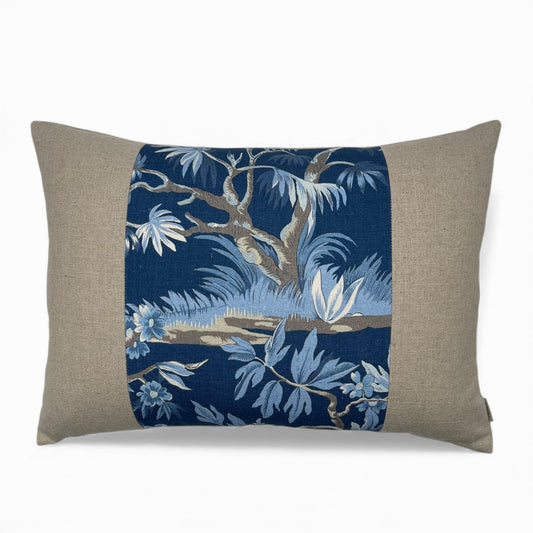 Pillow made with blue Anna French fabric and Italian linen