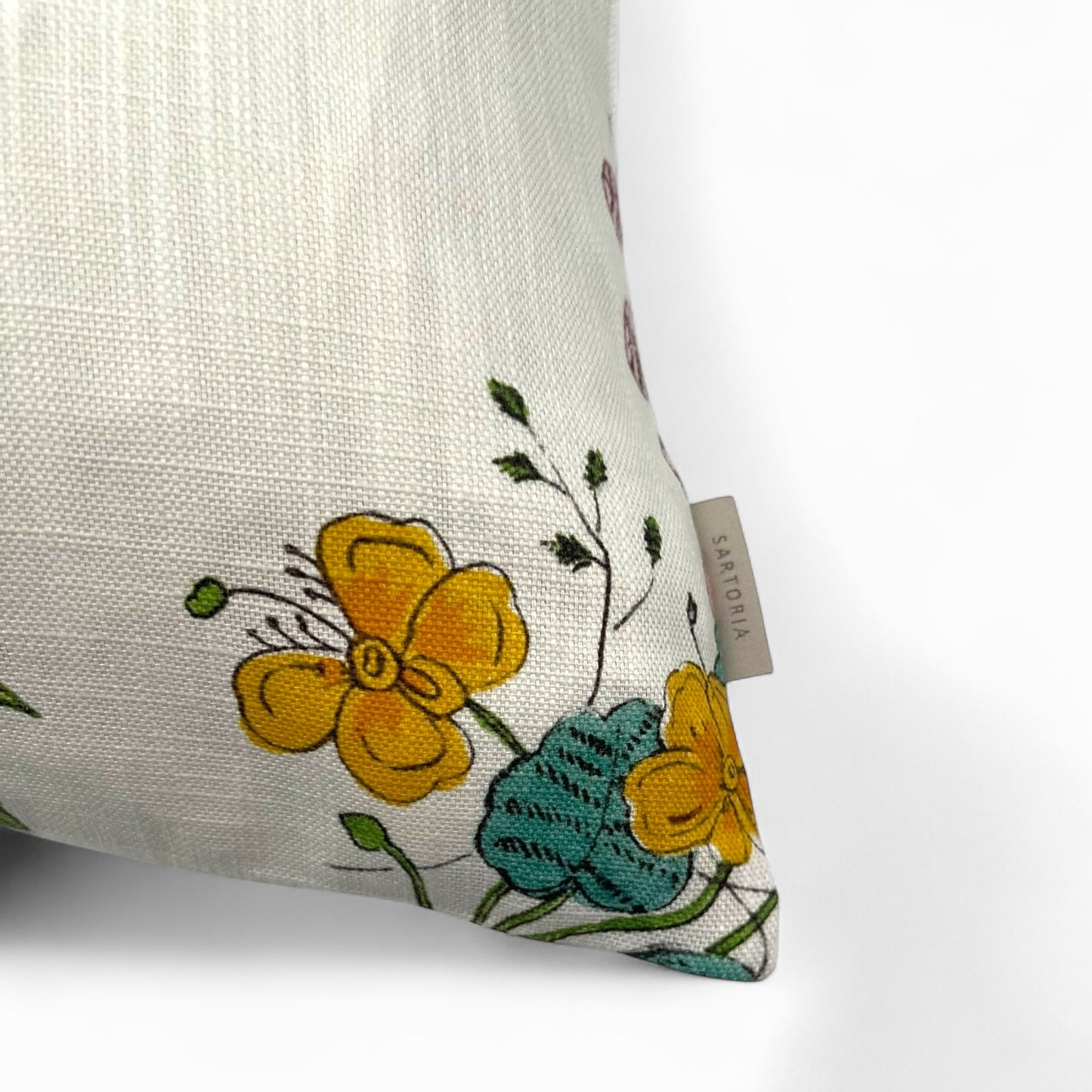 Pillow in woodland floral fabric by HARLEQUIN for Sophie Robinson (back in 100% linen)