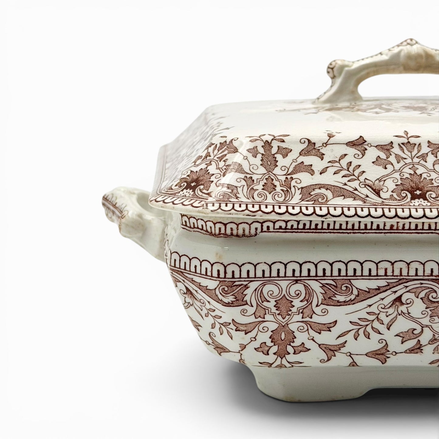Antique brown transferware covered serving dish